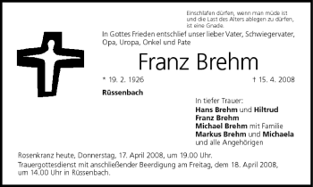 Anzeige von Franz Brehm von MGO