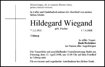 Anzeige von Hildegard Wiegand von MGO
