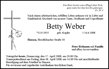 Anzeige von Betty Weber von MGO