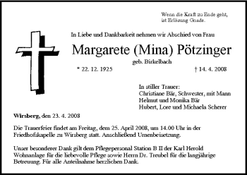 Anzeige von Margarete Pötzinger von MGO