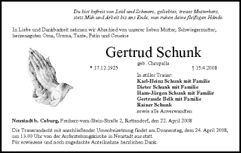 Anzeige von Gertrud Schunk von MGO