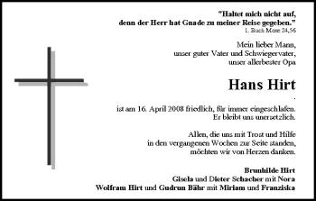 Anzeige von Hans Hirt von MGO