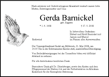 Anzeige von Gerda Barnickel von MGO