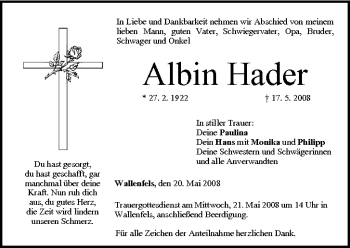 Anzeige von Albin Hader von MGO