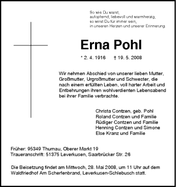 Anzeige von Erna Pohl von MGO