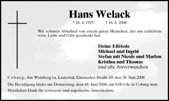 Anzeige von Hans Welack von MGO