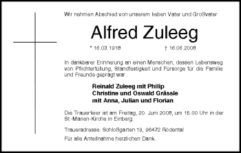 Anzeige von Alfred Zuleeg von MGO