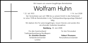 Anzeige von Wolfram Huhn von MGO