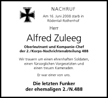 Anzeige von Alfred Zuleeg von MGO