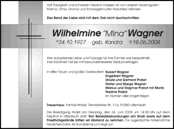 Anzeige von Wilhelmine Wagner von MGO