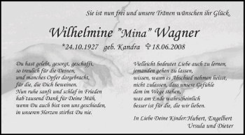 Anzeige von Wilhelmine Wagner von MGO