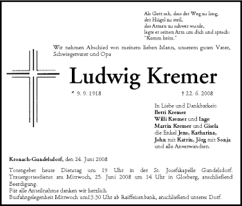 Anzeige von Ludwig Kremer von MGO