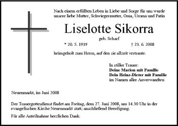 Anzeige von Liselotte Sikorra von MGO