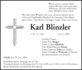 Anzeige von Karl Blinzler von MGO