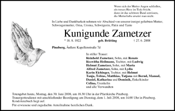 Anzeige von Kumgunde Zametzer von MGO