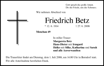 Anzeige von Friedrich Betz von MGO