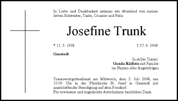 Anzeige von Josefine Trunk von MGO