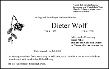 Anzeige von Dieter Wolf von MGO