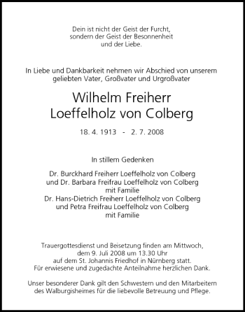 Anzeige von Wilhelm Loeffelholz von Colberg von MGO
