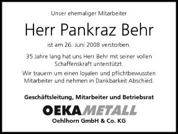 Anzeige von Pankraz Behr von MGO