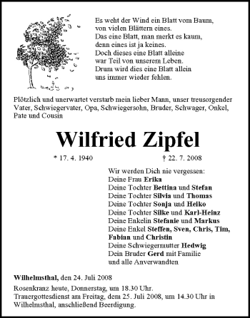Anzeige von Wilfried Zipfel von MGO