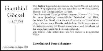 Anzeige von Gunthild Göckel von MGO
