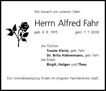Anzeige von Alfred Fahr von MGO