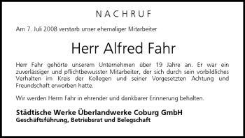 Anzeige von Alfred Fahr von MGO