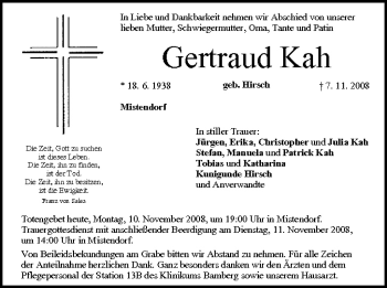 Anzeige von Gertraud Kah von MGO