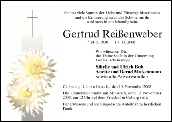 Anzeige von Gertrud Reißenweber von MGO