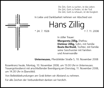 Anzeige von Hans Zillig von MGO