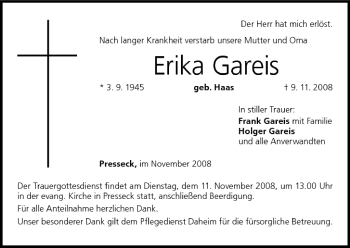 Anzeige von Erika Gareis von MGO