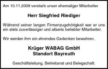 Anzeige von Siegfried Riediger von MGO