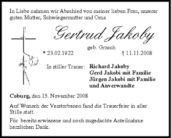 Anzeige von Gertrud Jakoby von MGO