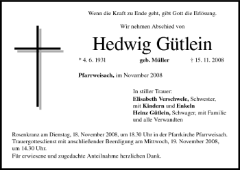 Anzeige von Hedwig Gütlein von MGO