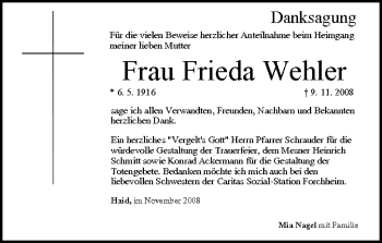 Anzeige von Frieda Wehler von MGO