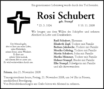 Anzeige von Rosi Schubert von MGO