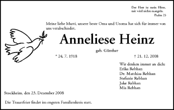 Anzeige von Anneliese Heinz von MGO