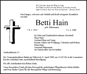 Anzeige von Betti Hain von MGO