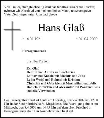 Anzeige von Hans Glaß von MGO