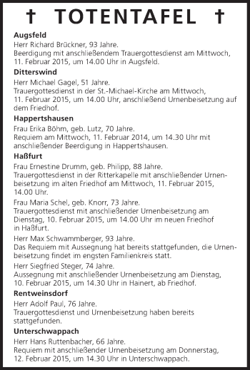 Anzeige von Totentafel vom 10.02.2015 von MGO