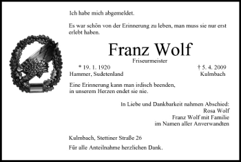 Anzeige von Franz Wolf von MGO