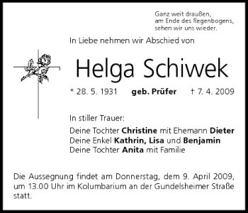 Anzeige von Helga Schiwek von MGO