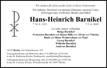 Anzeige von Hans-Heinrich Barnikel von MGO