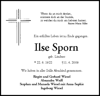 Anzeige von Ilse Sporn von MGO