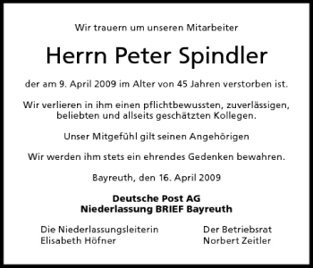 Anzeige von Peter Spindler von MGO