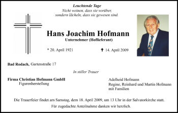 Anzeige von Hans Joachim Hofmann von MGO