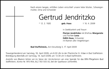 Anzeige von Gertrud Jendritzko von MGO