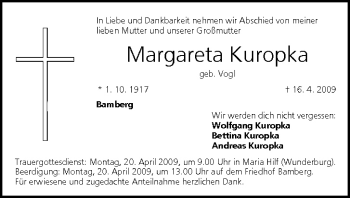 Anzeige von Margareta Kuropka von MGO