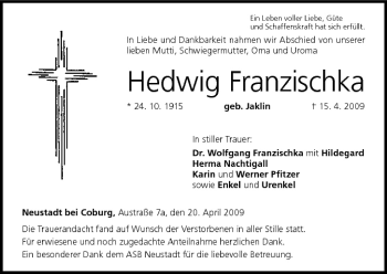Anzeige von Hedwig Franzischka von MGO
